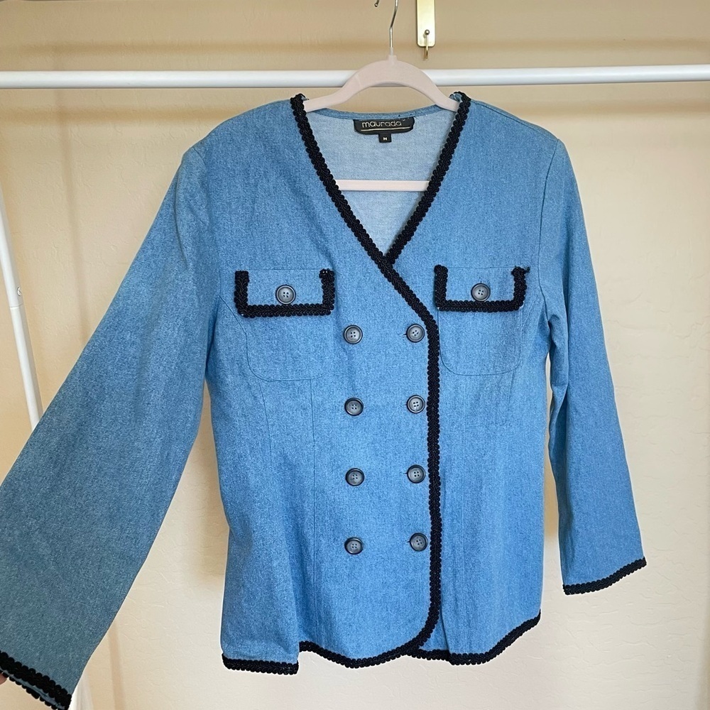 Vintage Denim Power Suit Blazer Top w/ Black trim